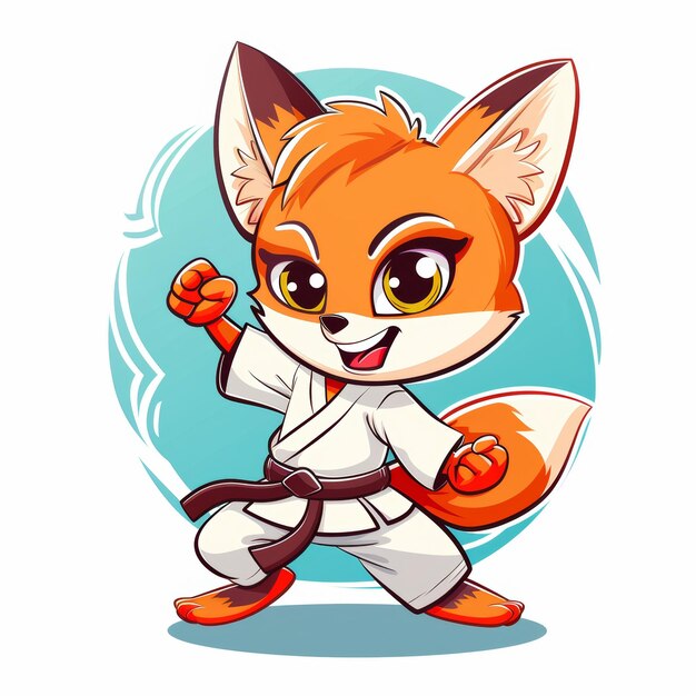 Un zorro de dibujos animados con un uniforme blanco de karate con un cinturón negro tiene una postura de lucha con un puño