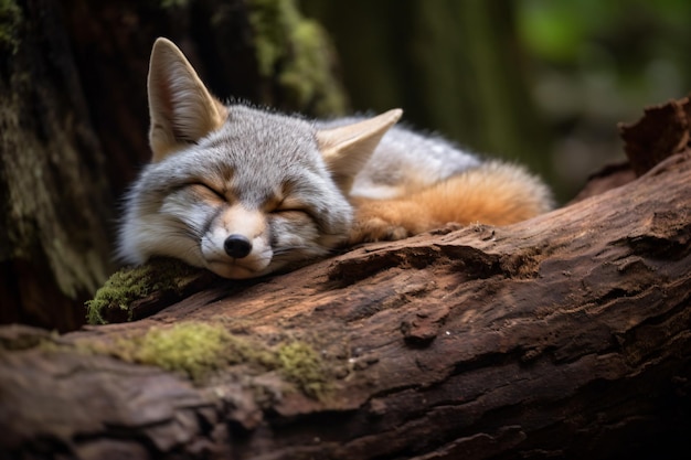 un zorro durmiendo en un tronco en el bosque