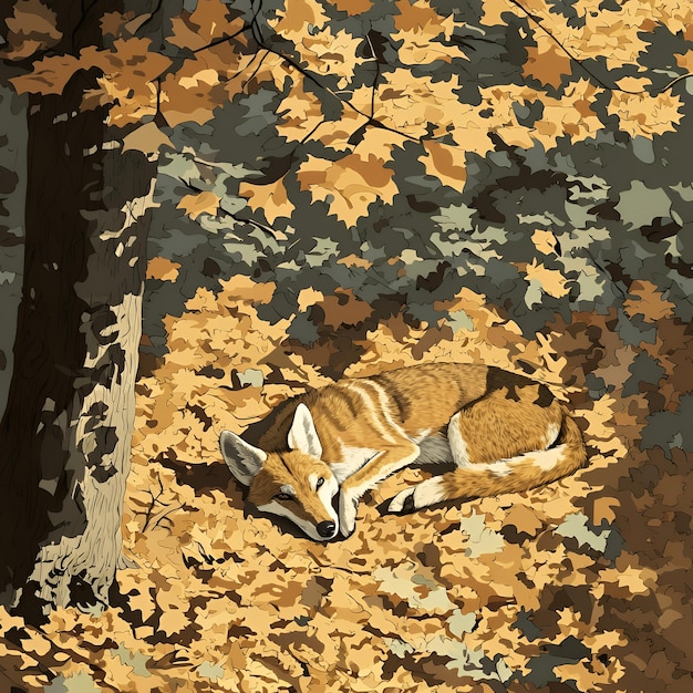 El zorro durmiente en las hojas de otoño