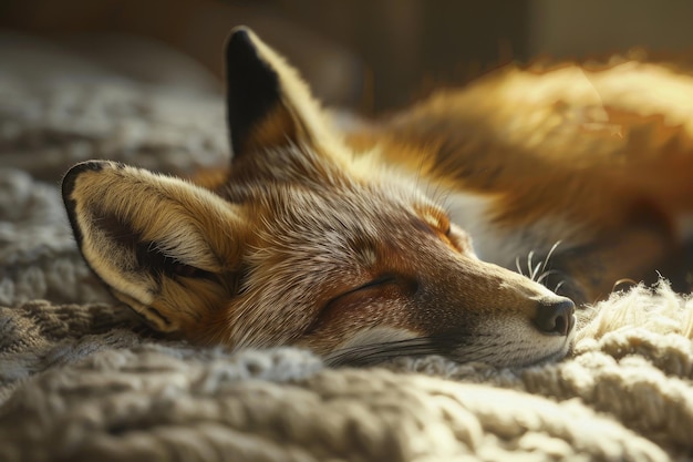 Un zorro está durmiendo en una cama.