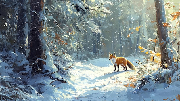 Un zorro está de pie en un bosque nevado iluminado por la luz del sol