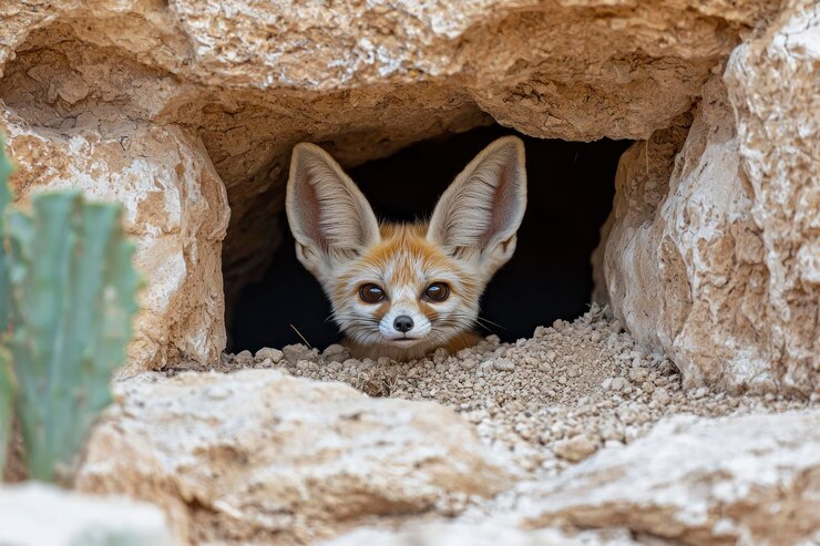 Foto el zorro fennec mirando desde una cueva rocosa