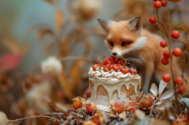 Un zorro identificado como orquídea una pequeña raposa está comiendo un pastel cubierto de bayas