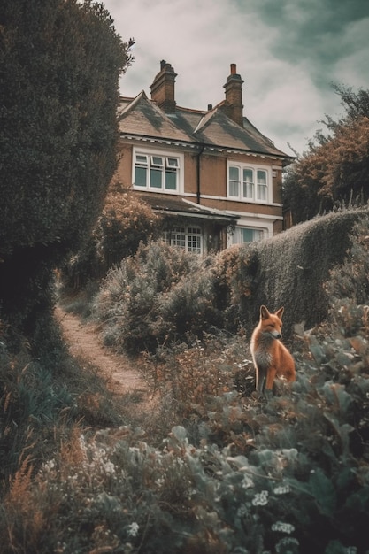 Un zorro se para en un jardín con una casa al fondo.