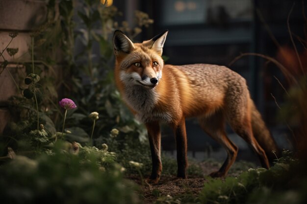 Un zorro se para en un jardín con flores al fondo.