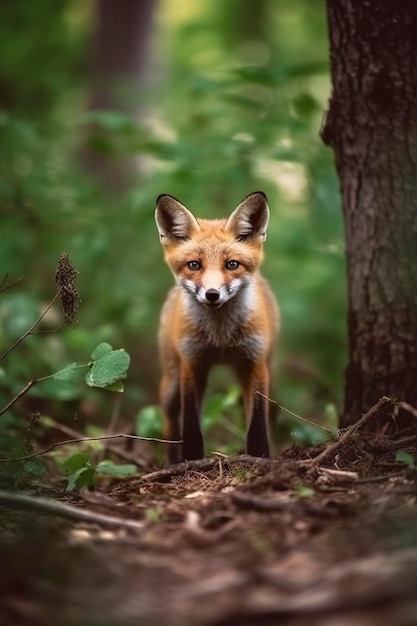 un zorro joven en un bosque de verano