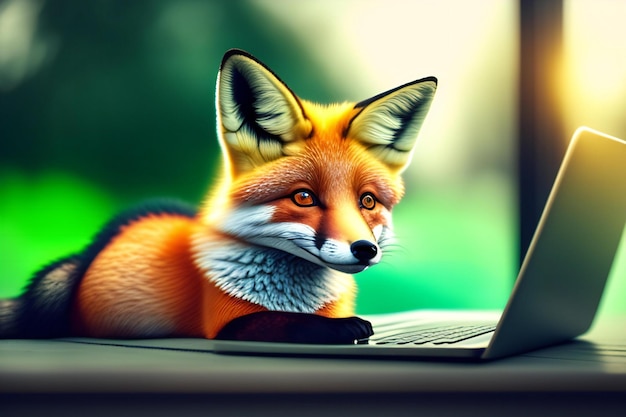 Un zorro lindo con una computadora portátil en un fondo verde en 3D