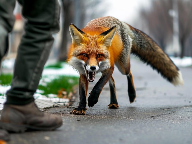 Foto el zorro muestra agresión en una calle urbana mostrando los dientes