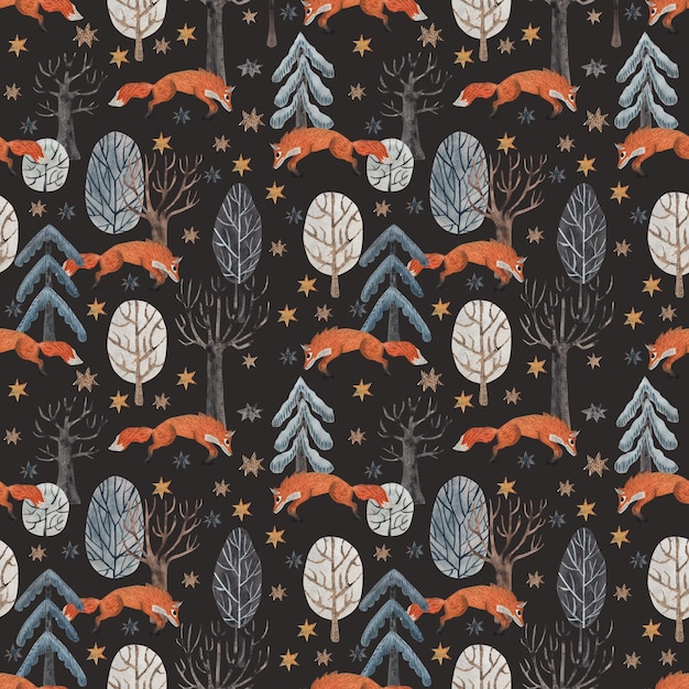 Zorro naranja en el bosque Patrón sin costuras Ilustración acuarela en estilo de dibujos animados Texturas lindas para textiles para bebés diseño de telas papel tapiz para álbumes de recortes, etc.