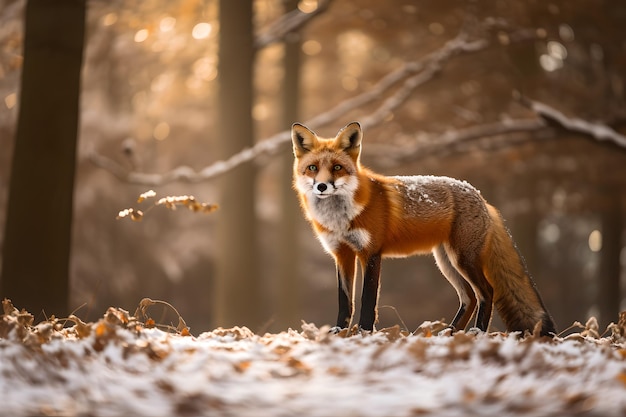 Un zorro se para en la nieve en el bosque.