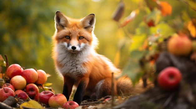 Zorro otoñal disfrutando de una cosecha de manzanas en un día templado de otoño Generado por IA