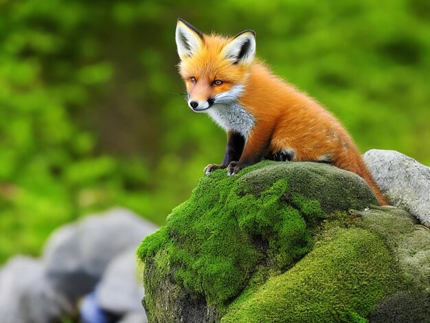 Un zorro pequeño sentado en lo alto de una roca de musgo inspecciona sus alrededores