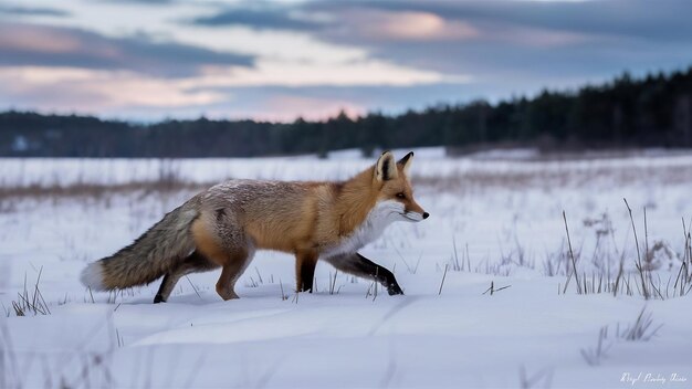 Foto el zorro rojo avanzando en el prado en la naturaleza invernal