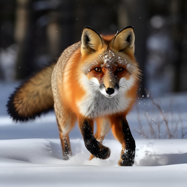 Un zorro rojo corre por la nieve con nieve en el suelo.