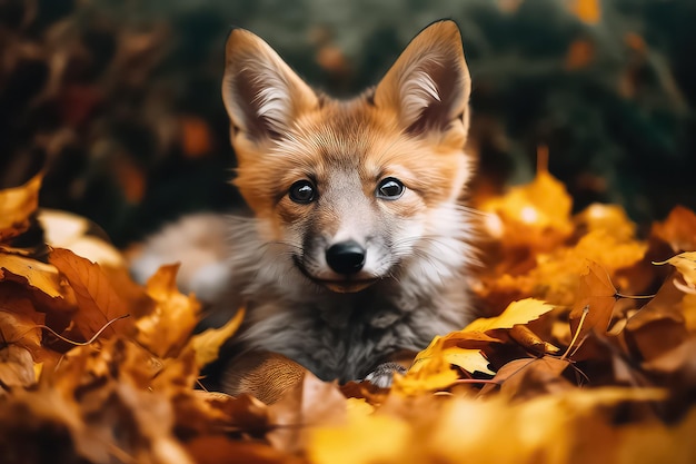 El zorro rojo corre a través de las hojas naranjas de otoño en el bosque AI