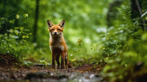 Un zorro rojo se encuentra en un bosque.