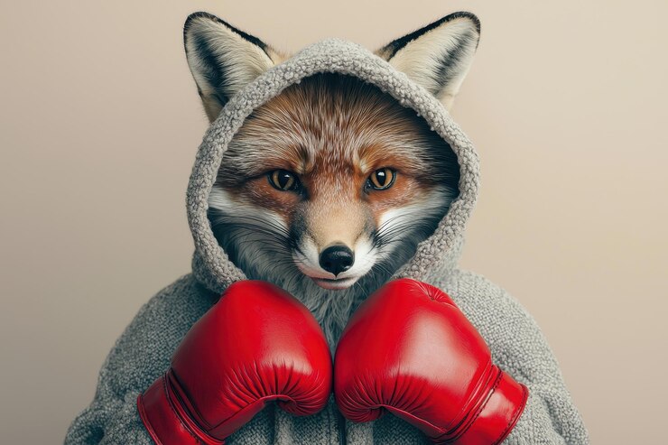 El zorro rojo con equipo de boxeo y suéter con capucha
