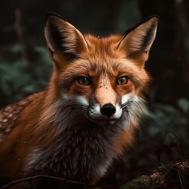 Un zorro rojo está en el bosque y tiene un fondo negro.