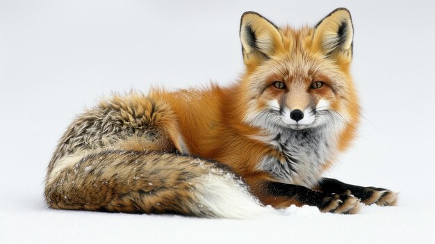 Foto el zorro rojo en invierno en la nieve, su cola espesa y su pelaje vibrante contra un fondo blanco, un cautivador retrato de la supervivencia en el desierto en el parque algonquin.