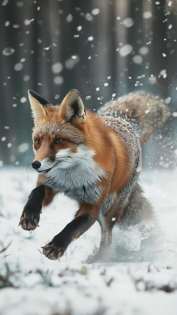 El zorro rojo en la nieve corriendo a través de la nieve profunda cazando saltando escena de la vida silvestre de la naturaleza