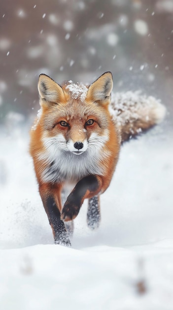 El zorro rojo en la nieve corriendo a través de la nieve profunda cazando saltando escena de la vida silvestre de la naturaleza