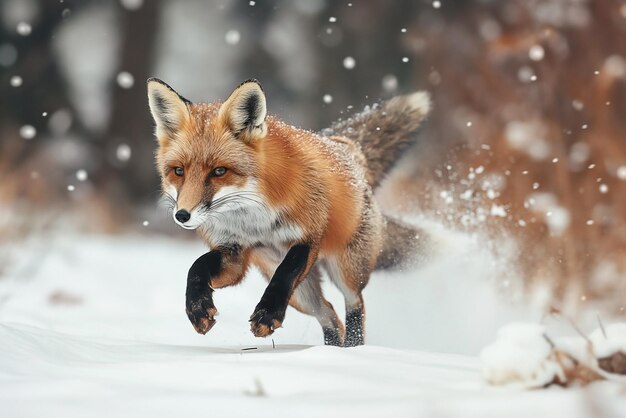 El zorro rojo en la nieve corriendo a través de la nieve profunda cazando saltando escena de la vida silvestre de la naturaleza