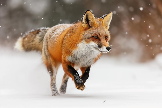 El zorro rojo en la nieve corriendo a través de la nieve profunda cazando saltando escena de la vida silvestre de la naturaleza