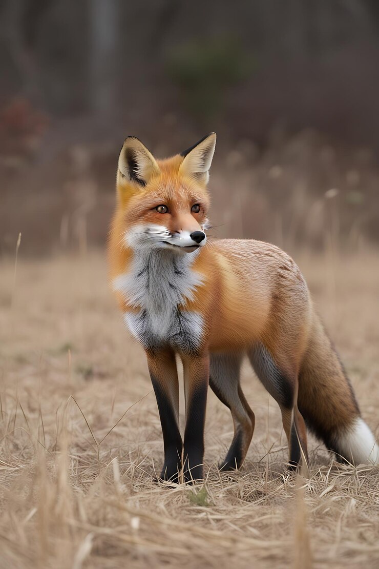 Un zorro rojo de pie en un campo de alto