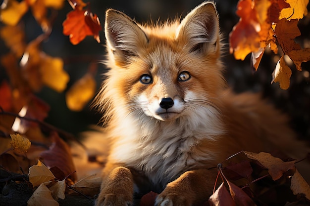 El zorro rojo de pie en las hojas de otoño