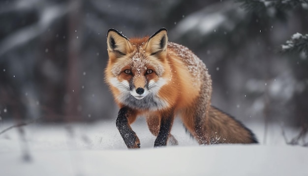 Zorro rojo que se ve lindo en un bosque nevado generado por IA