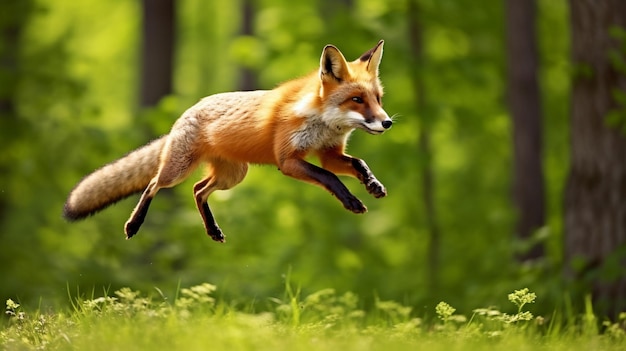 Foto el zorro rojo salta a la caza vulpes vulpes escena de la vida silvestre de europa animal de pelaje naranja