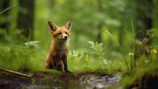 Un zorro rojo se sienta en un bosque con follaje verde en el fondo.