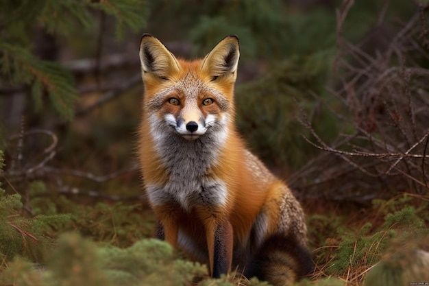 Un zorro rojo se sienta en un bosque con la palabra zorro en el frente.