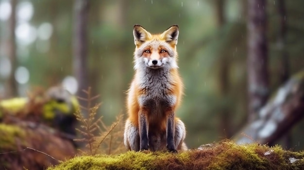 Un zorro rojo se sienta bajo la lluvia en el bosque.