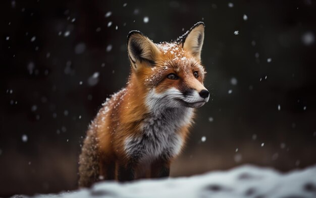 Un zorro rojo se sienta en la nieve en el bosque.