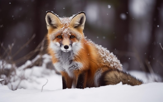 Un zorro rojo se sienta en la nieve en el bosque.