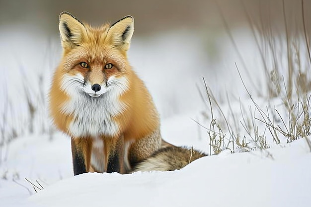 El zorro rojo Vulpes vulpes sentado en la nieve