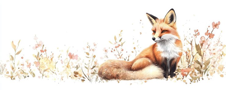 El zorro sereno en el campo de las flores Ilustración de acuarela Vida silvestre armoniosa Obra de arte de paisajismo integrado