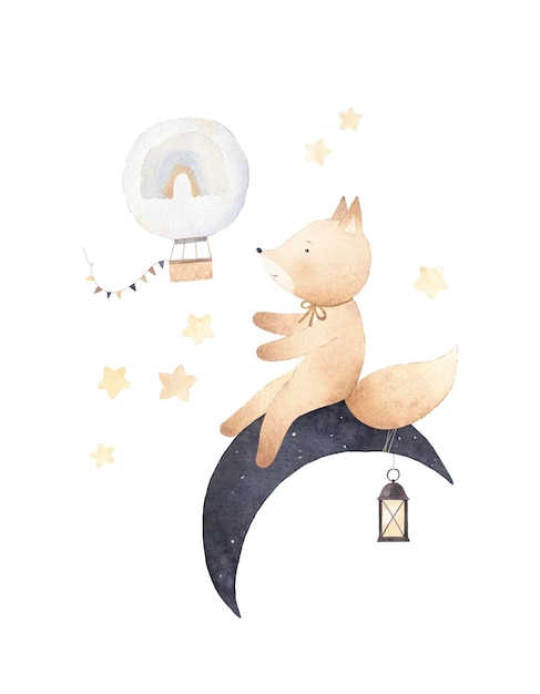 El zorro se sienta en la luna juega con un globo Decoración para una habitación infantil Ilustración en acuarela
