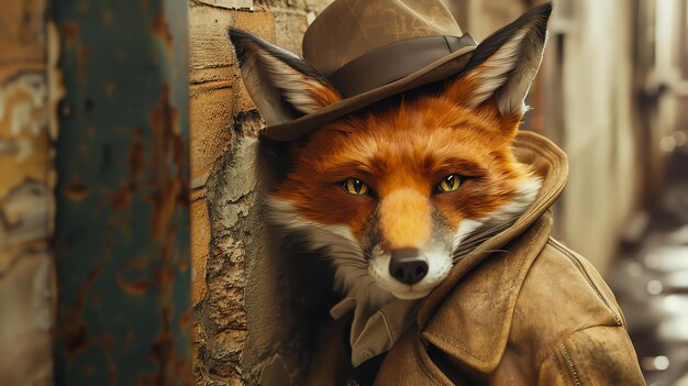 Foto un zorro con un sombrero y un abrigo marrones está de pie en un callejón el zorro está mirando a la cámara con una expresión seria