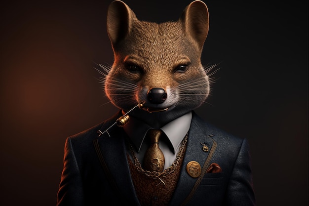 Un zorro con traje y un cigarrillo en la boca.