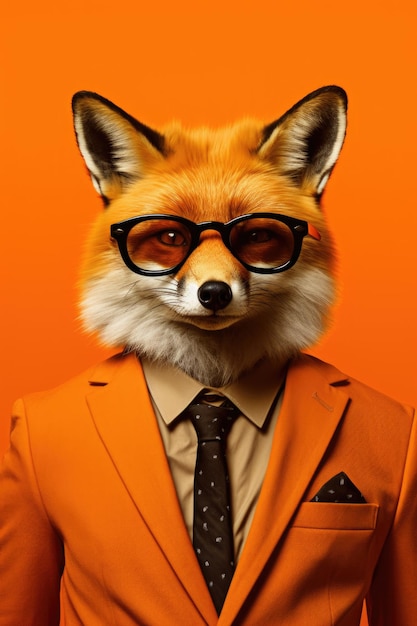 Foto un zorro con traje y gafas sobre un fondo naranja perfecto para negocios y conceptos profesionales
