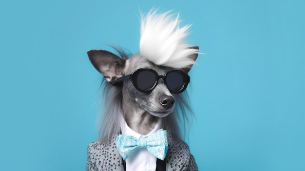 Zotteliger Hund mit Brille auf blauem Hintergrund. Kopierraum-Banner