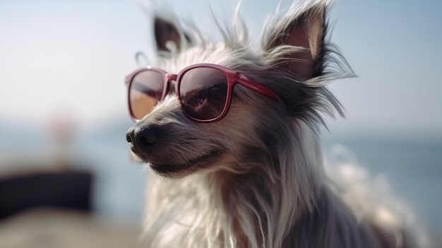 Zotteliger Hund mit Sonnenbrille auf dem Hintergrund des von der KI erzeugten Strandes