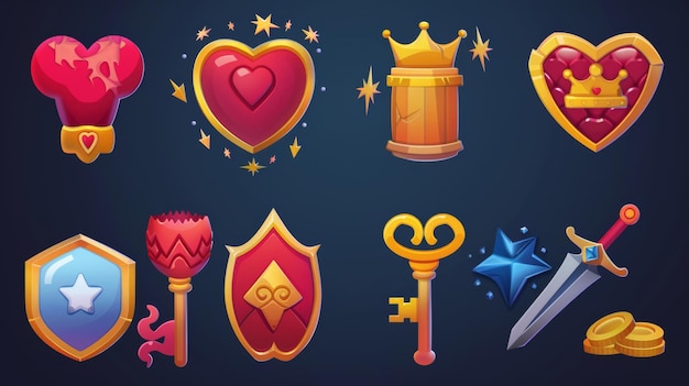 Zu den Ikonen in diesem Set gehören ein Herz, ein Blitzschlüssel, eine Krone, ein Goldbecher und ein Stern. Die Ikonen können als Grafiken für GUI von Computer- und Mobilspielen sowie für Schilde, Schwerter und Münzen verwendet werden.