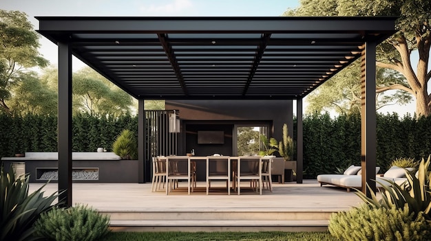 Zu den modernen Terrassenmöbeln gehört eine Pergola-Schattenstruktur von Generative AI