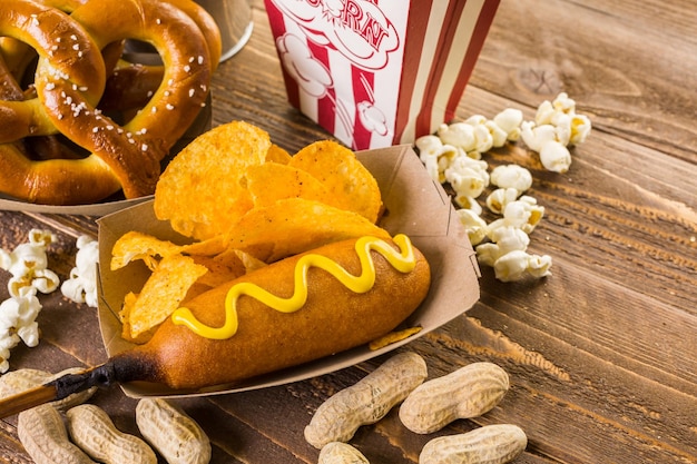 Zu den traditionellen Snacks am Spieltag gehörten Corndogs und gesalzene Erdnüsse auf einem Holzbrett.