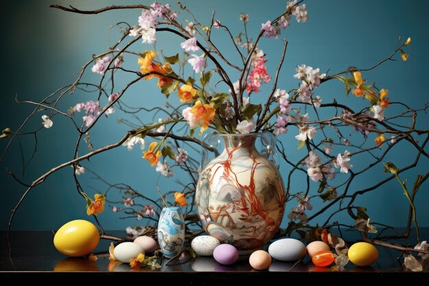 Zu Hause stehen Zweige in einer Vase, an denen Ostereier hängen