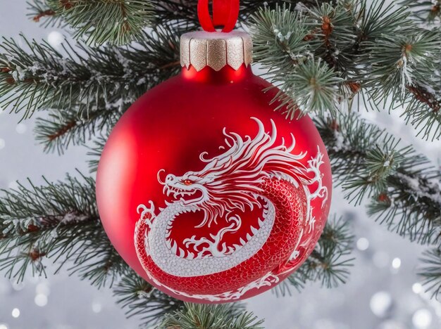 Foto zu weihnachten hängt yuki einen roten ballon mit einem drachen darauf weihnachtsglaskugel auf den baum