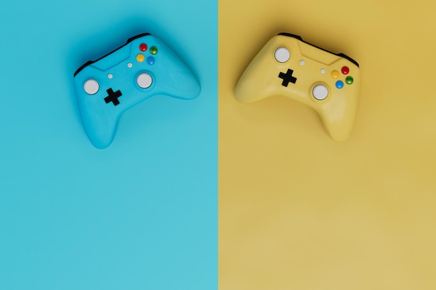 Zubehör für Spielekonsolen Blaue und gelbe Gaming-Joysticks auf blauem und gelbem Hintergrund